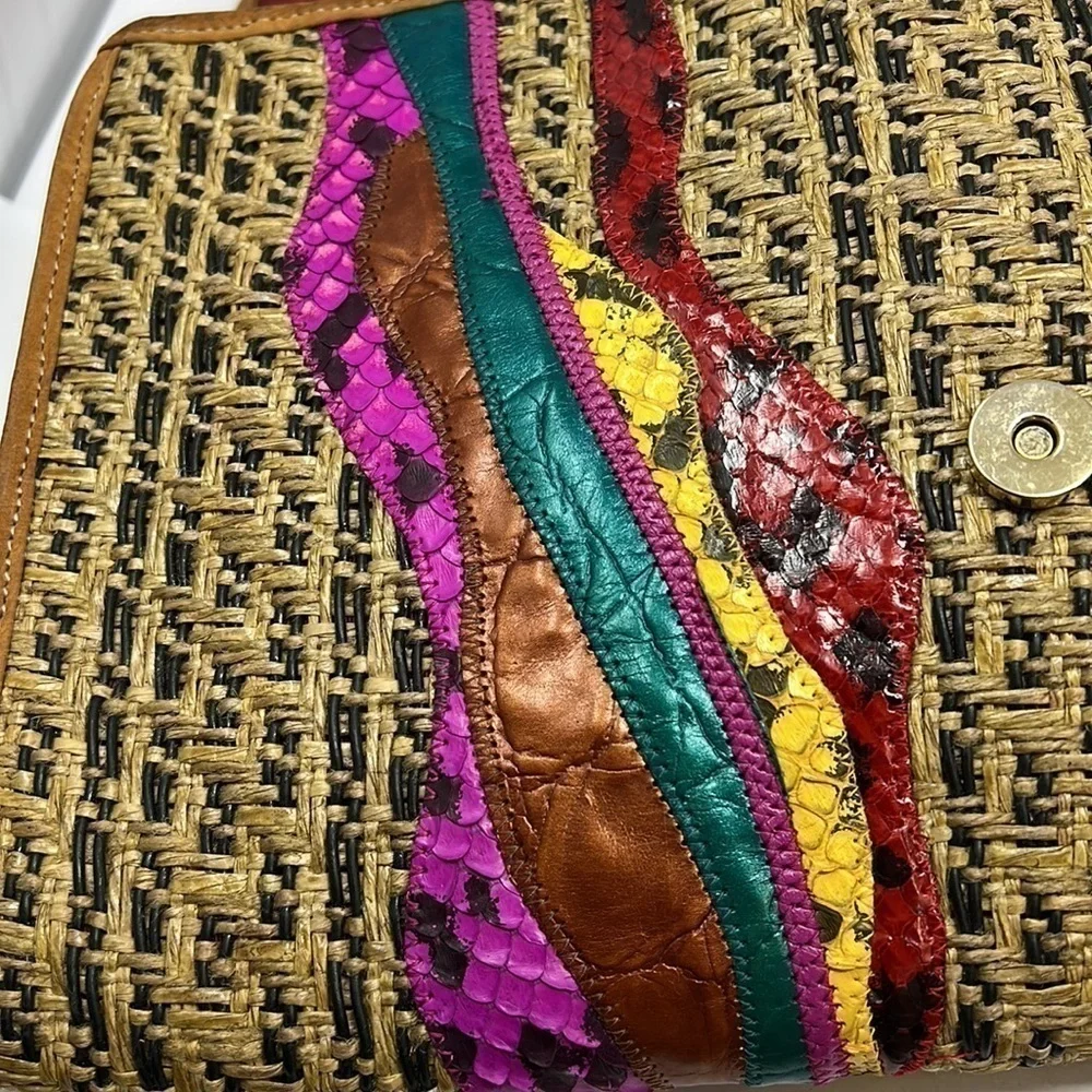 Carlos Falchi Woven Leather and Hemp and Exotic Patchwork of Skins Clutch Bag